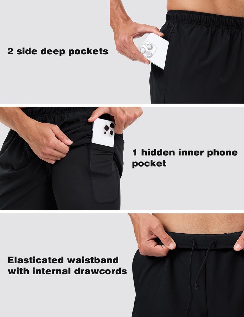Naarts Men's 2 in 1 Athletic Running Shorts Quick Dry 5 Inch Lightweight Workout Gym Shorts with Liner and Pockets Black,Large