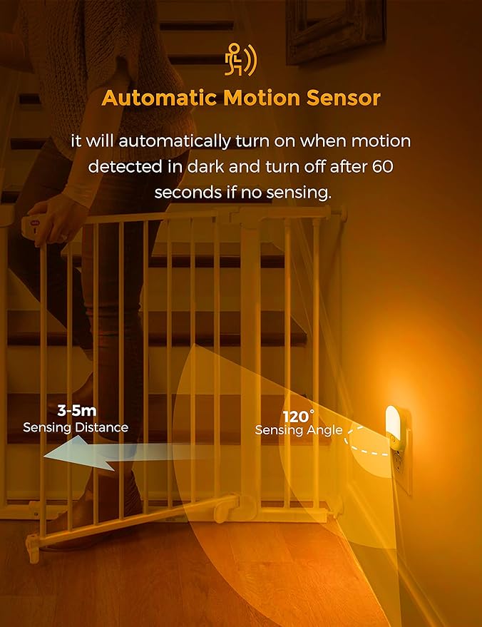 Amber Night Light, 2 Pack, LOHAS Amber Night Lights Plug into Wall Motion Sensor, 0.6W 2000K, LED Night Light, 30/60LM Adjustable Brightness, Automatic Low Blue Night Light for Kids, Bathroom, Hallway