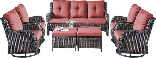 Rilyson Patio Furniture Swivel Chairs Set - 7 Piece Wicker Rattan Outdoor Sectional Conversation Sets with 4 Swivel Rocking Chairs,2 Ottomans and 1 Sofa for Porch Deck Garden(Brown/Red)