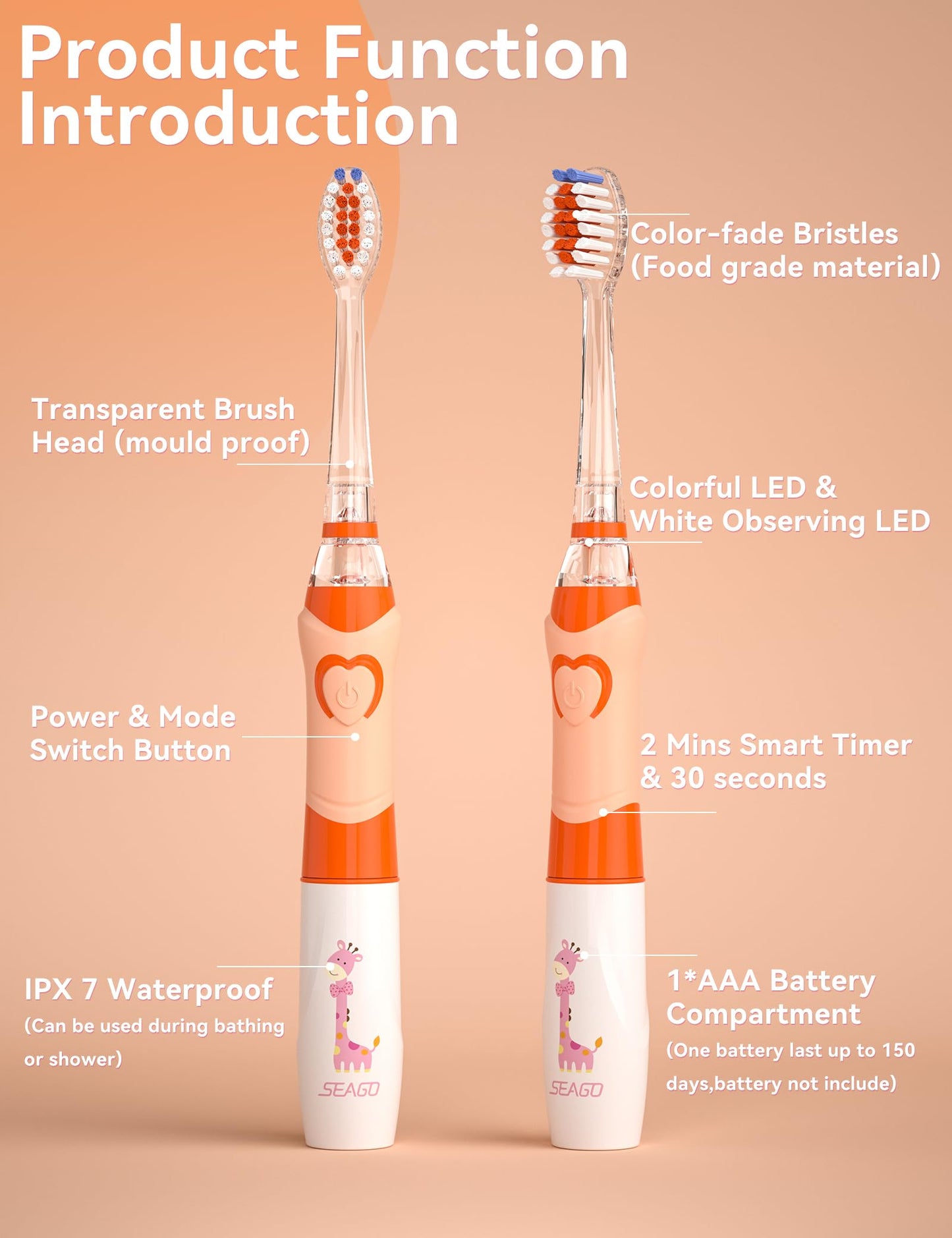 SEAGO Kids Electric Toothbrush with 2 Mins Brushing Timer and 4 Replacement Bursh Heads, Rainbow LED Light Make Brushing Fun, Boys Battery Powerd Toothbrush for 4-12 Years Old，SG-977 (Light Blue)