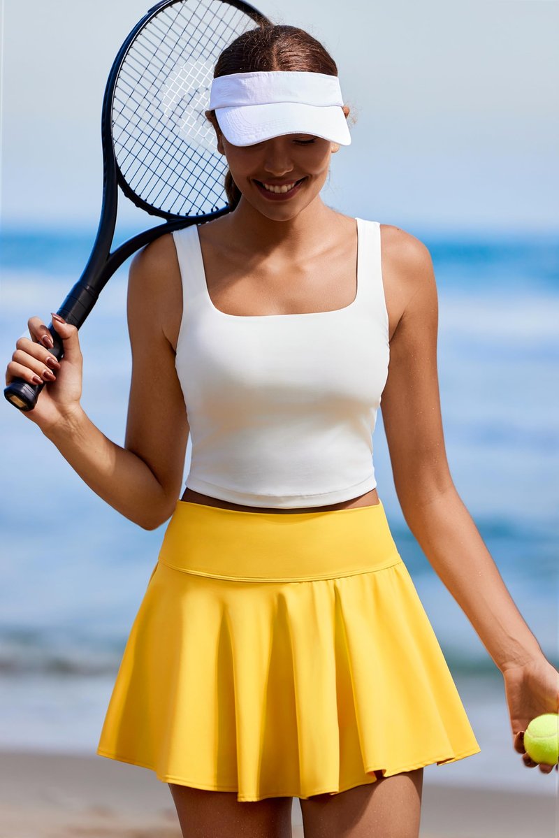 PINSPARK Womens Tennis Skirt High Waist Pleated Mini Skirts Tummy Control Athletic Skort with Pockets, Yellow XXL