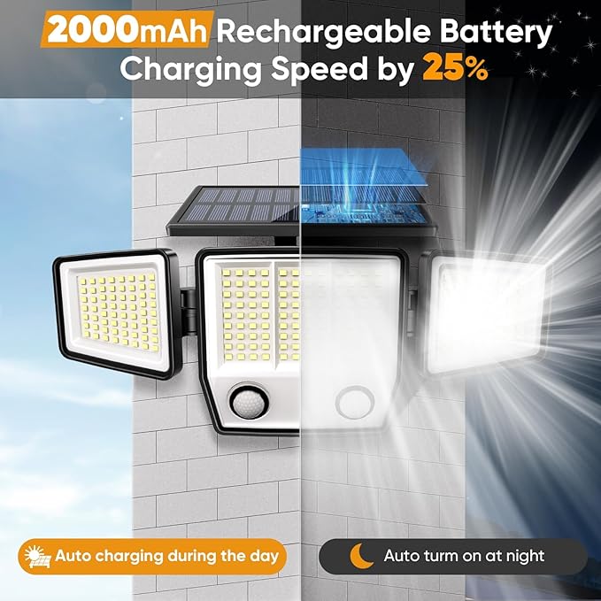 Solar Motion Sensor Outdoor Lights Waterproof - 3000LM 3 Modes Security Lights Outdoor 270° Illumination IP65 LED Solar Flood Wall Light for Garden Yard Patio Pathway (with Stakes, 2)