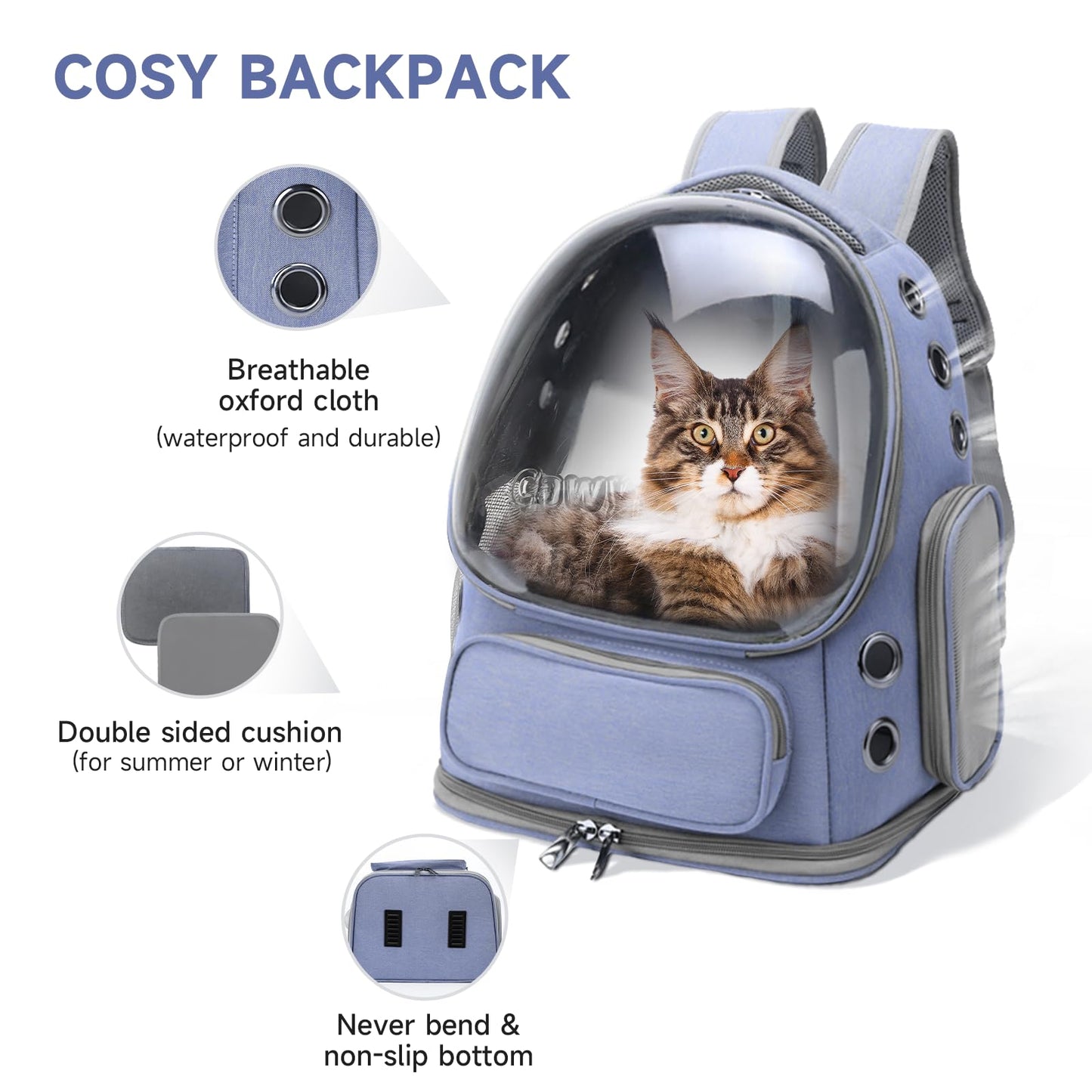 Cawypety Cat Backpack Carrier, Breathable Cat Carrier Large Space Bubble Pet Backpack for Kitty Small Dog up to 12lbs, Transparent & Foldable Pet Carrier for Travel Hiking (Blue