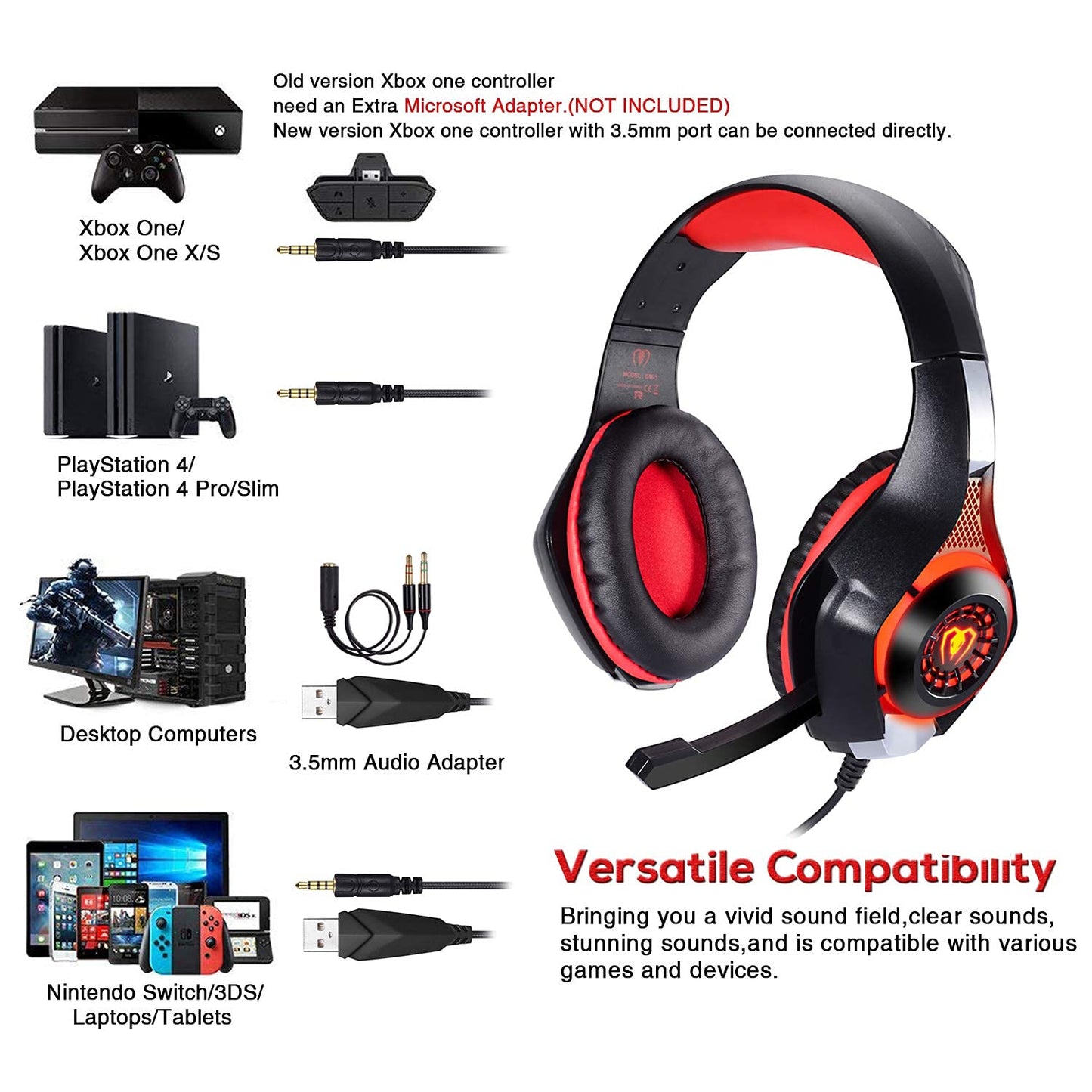 BlueFire Stereo Gaming Headset for PlayStation 4 PS4, Over-Ear Headphones With Mic and LED Lights for Xbox One, PC, Laptop (Red)