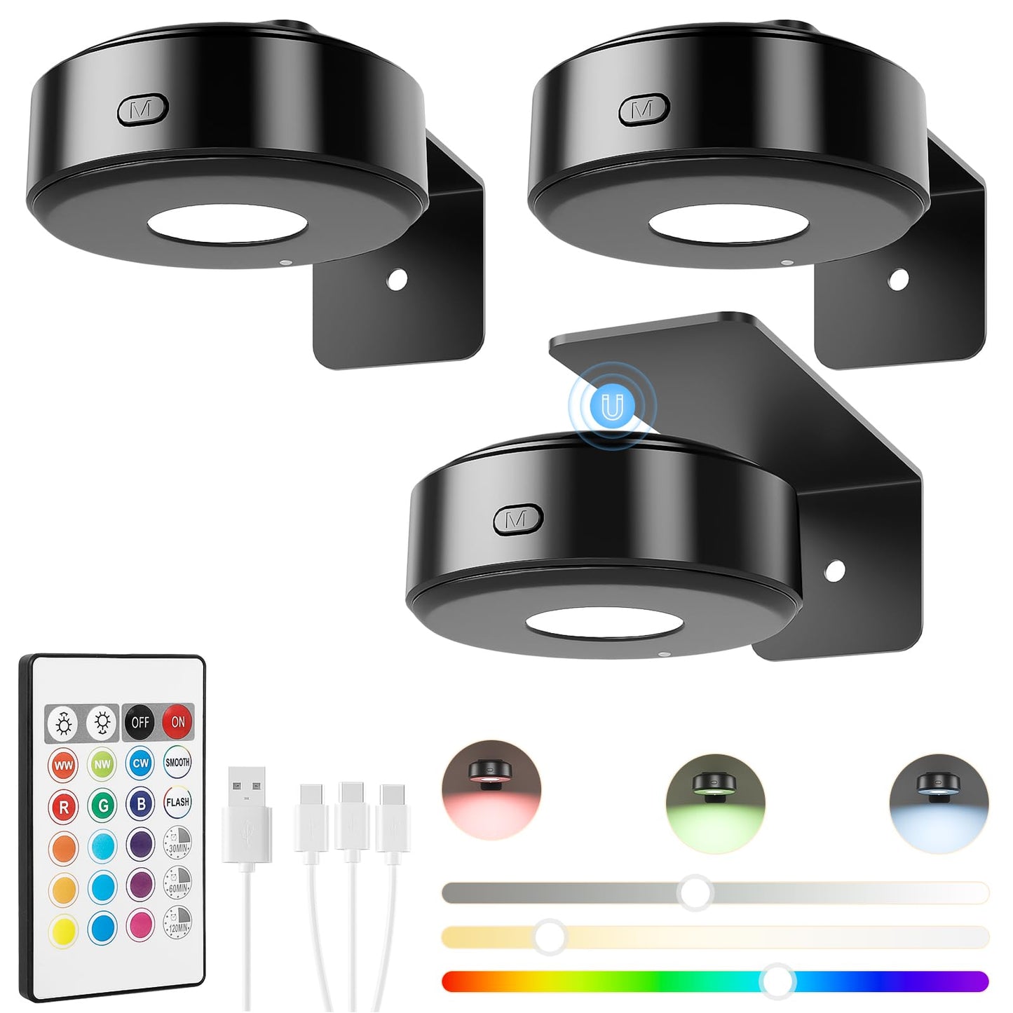 3PCS Picture Lights with Remote, Rechargeable Battery Magnetic Poster Lights with 3 Color Temps&12 RGB, Dimmable and Timer Metal Art Light for Display, Wall, Artwork, Gallery (Black)