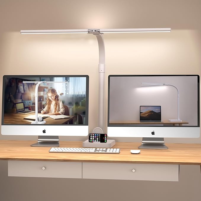 Double Head LED Desk Lamp, Architect Desk Lamps for Home Office, 24W Brightest Workbench Office Lighting-5 Color Modes and 5 Dimmable Eye Protection Modern Desk Lamp (White-Desktop, Big)