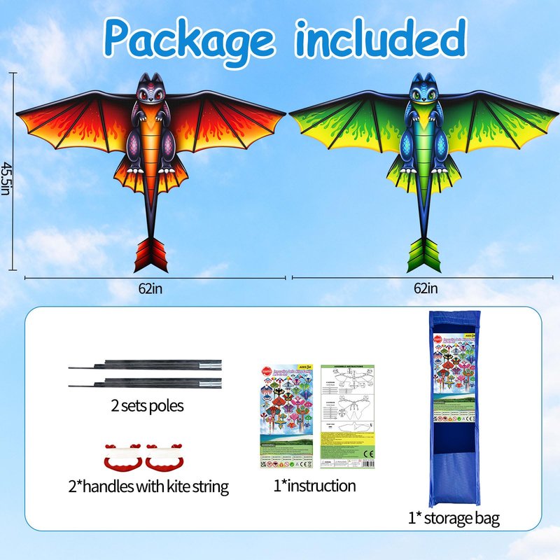 62" Dragon Kite for Kids and Adults, Easy to Fly Huge Dinosaur Kites for Kids Ages 4-8 8-12 with 328FT String for Beach Trip Yard Lawn Family Outdoor Games and Activities Birthday Gifts, 2 Pack