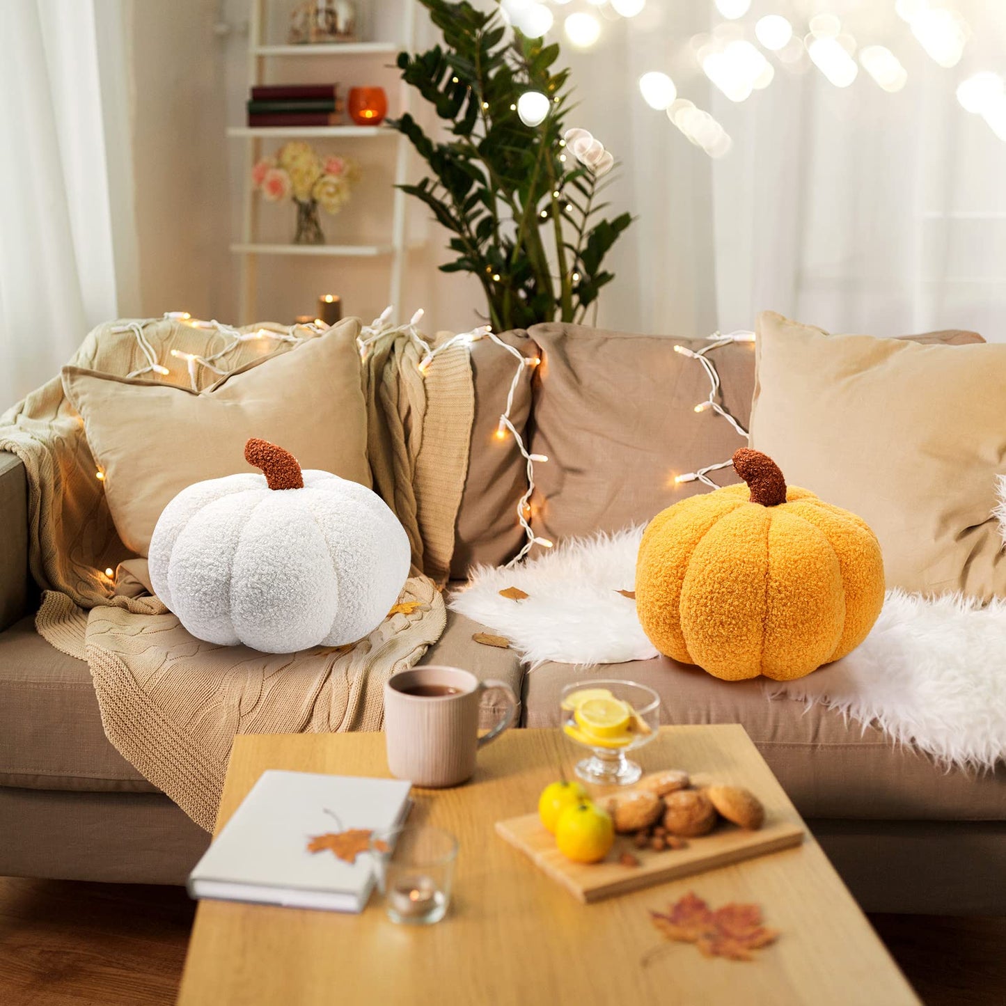 Queekay 2 Pcs Simulated Pumpkin Pillow Plush 3D Cushion Fall Halloween Decoration Pumpkin Stuffed Throw Pillow for Autumn Thanksgiving Christmas Home Sofa(Ginger,11 x 9.5 inch)