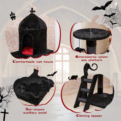 YARUOMY Gothic Cat Tree with Coffin Bed，55" Cat Tower with Spacious Cat Condo，Scratching Posts，Spider Hanging Ball，Multi-Level Cat Activities Furniture for Large Cats, Black Halloween