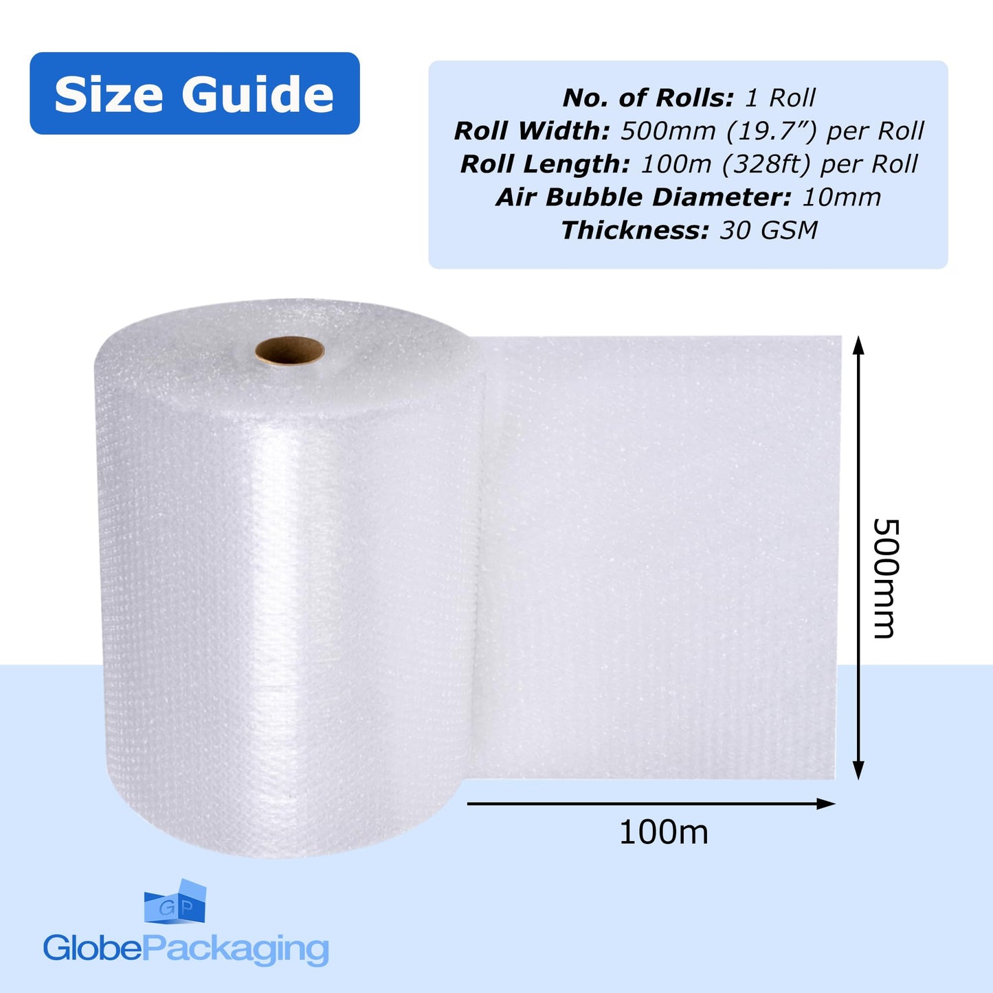 Globe Packaging 500mm x 100m Large Bubble Wrap Roll with Small Air Bubbles - Cushioning & Protection Packaging for Moving House, Ecommerce and Storage