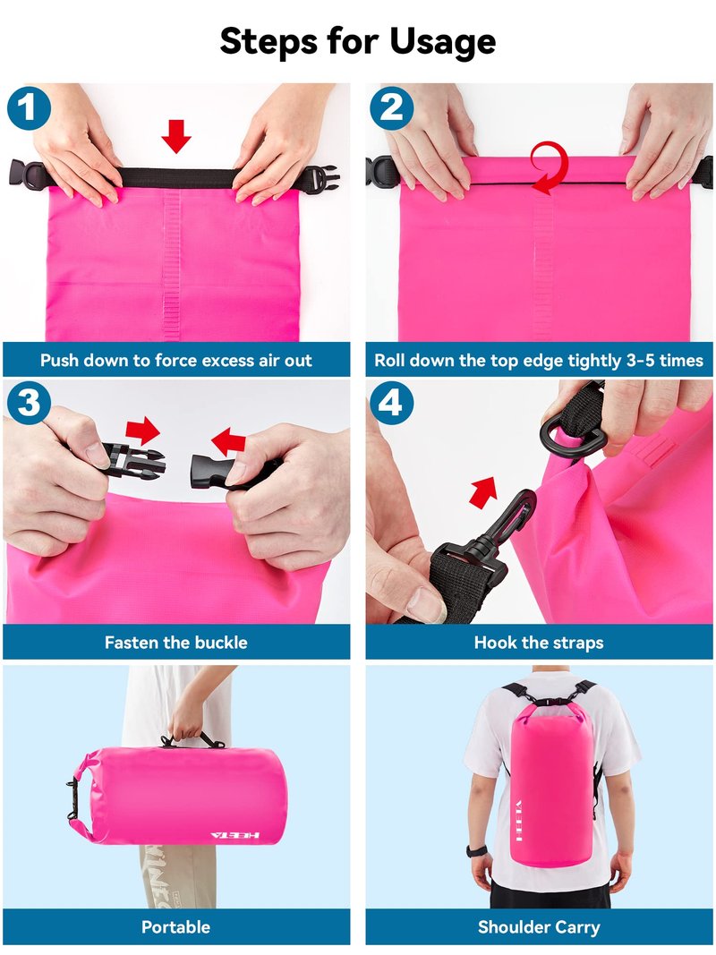 HEETA Waterproof Dry Bag for Women Men, Roll Top Lightweight Dry Storage Bag Backpack with Emergency Whistle for Travel, Kayaking, Boating, Camping, Beach, Cruise Ship Essentials (Rose Red, 5L)