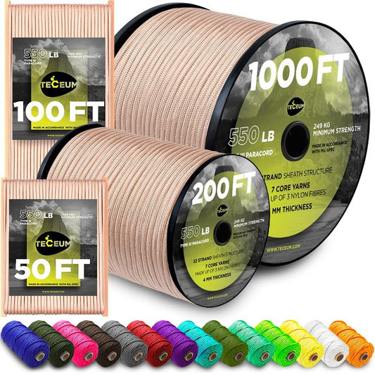 TECEUM Paracord Type III 550 Beige – 100 ft – 4mm – Tactical Rope MIL-SPEC – Outdoor para Cord –Camping Hiking Fishing Gear and Equipment – EDC Parachute Cord – Strong Survival Rope