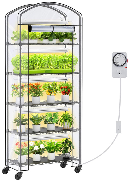 CUVERC Small Indoor Greenhouse with Grow Light & PVC Cover Portable Mini Greenhouse Tent Shelves Adjustable 5 Tier Metal Plant Stand with Grow Light for Indoor Plants, Seed Starting, 29.5"x13.7"x71"