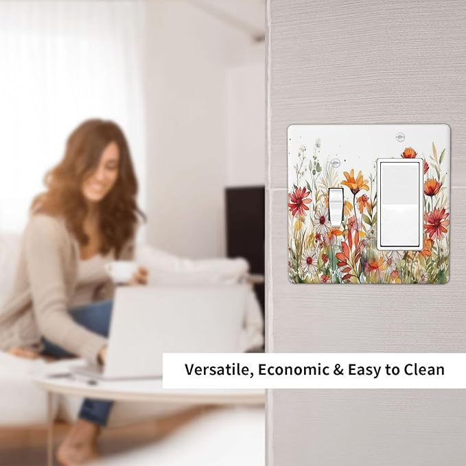 Watercolor Wild Flower Floral 2 Gang Light Switch Covers Single Toggle Rocker Combo Wall Plate Electrical Faceplate Decorative Switchplate for Nursery Bedroom Bathroom Decor