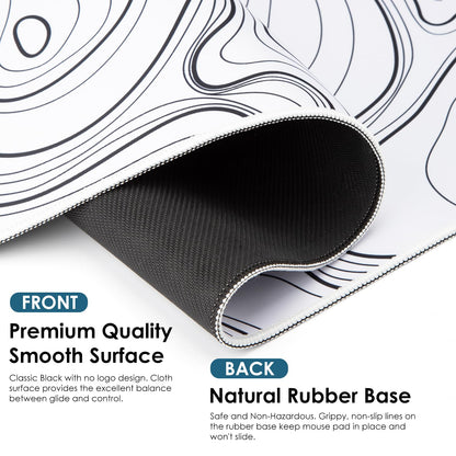 Black and White Large Gaming Mousepad - Extended Contour Topography Mouse Mat for Home and Office,Laptop Keyboard Mat with Non-Slip Rubber Base, Stitched Edges (35.43x15.75 x0.12, Not Waterproof)