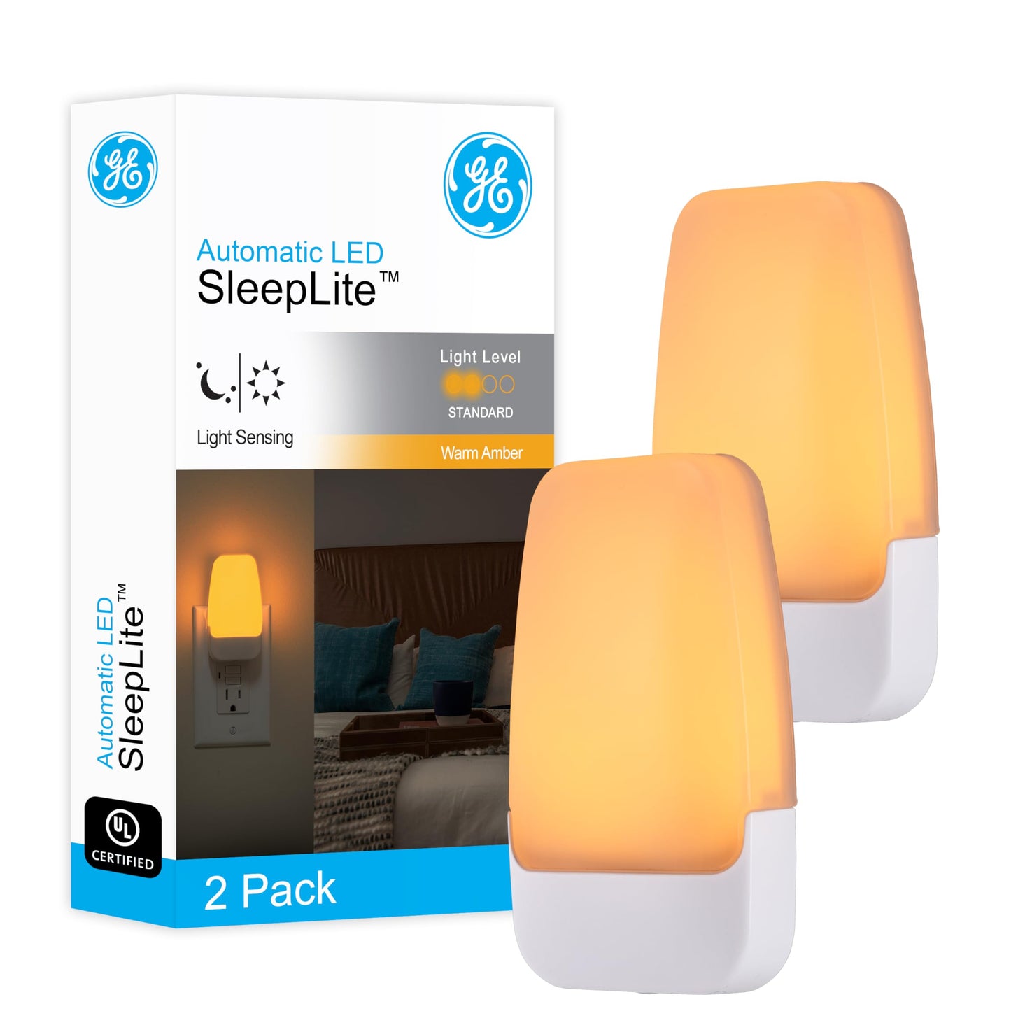 GE SleepLite LED Night Light, Plug-in, Dusk to Dawn Sensor, Amber, Sleeplite, Sunset, Ambient Lighting, Ideal Nightlight for Kids Adults Bedroom, Bathroom, Nursery, Hallway, Kitchen, 76135, 2 Pack