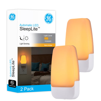 GE SleepLite LED Night Light, Plug-in, Dusk to Dawn Sensor, Amber, Sleeplite, Sunset, Ambient Lighting, Ideal Nightlight for Kids Adults Bedroom, Bathroom, Nursery, Hallway, Kitchen, 76135, 2 Pack