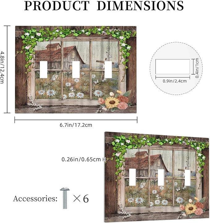Farm Barn Farmhouse Rustic Country Flower 3 Gang Wall Plates Decorative Triple Toggle Light Switch Cover Electrical Switchplate Unused Decorate Faceplate for Bathroom Home