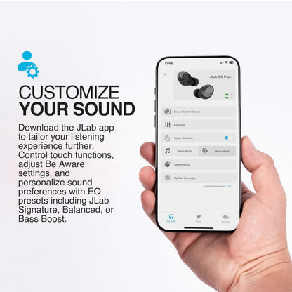 JLab Go Air Pop+ True Wireless Earbuds, In Ear Headphones, Bluetooth Earphones, 35H Playtime Ear Buds, Bluetooth Earbuds with Microphone, USB-C Charging Case, Dual Connect, EQ3 Sound, Midnight Black