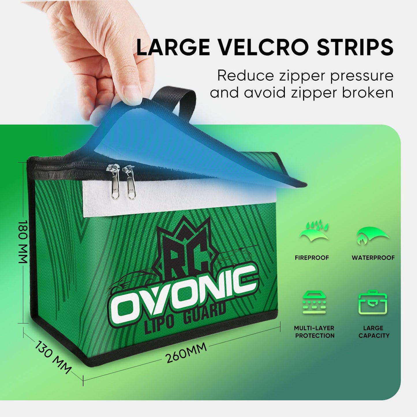OVONIC Lipo Safe Bag Fireproof Explosionproof Bag Large Capacity Lipo Battery Storage Guard Safe Pouch for Charge & Storage(260X130X180mm 251g)