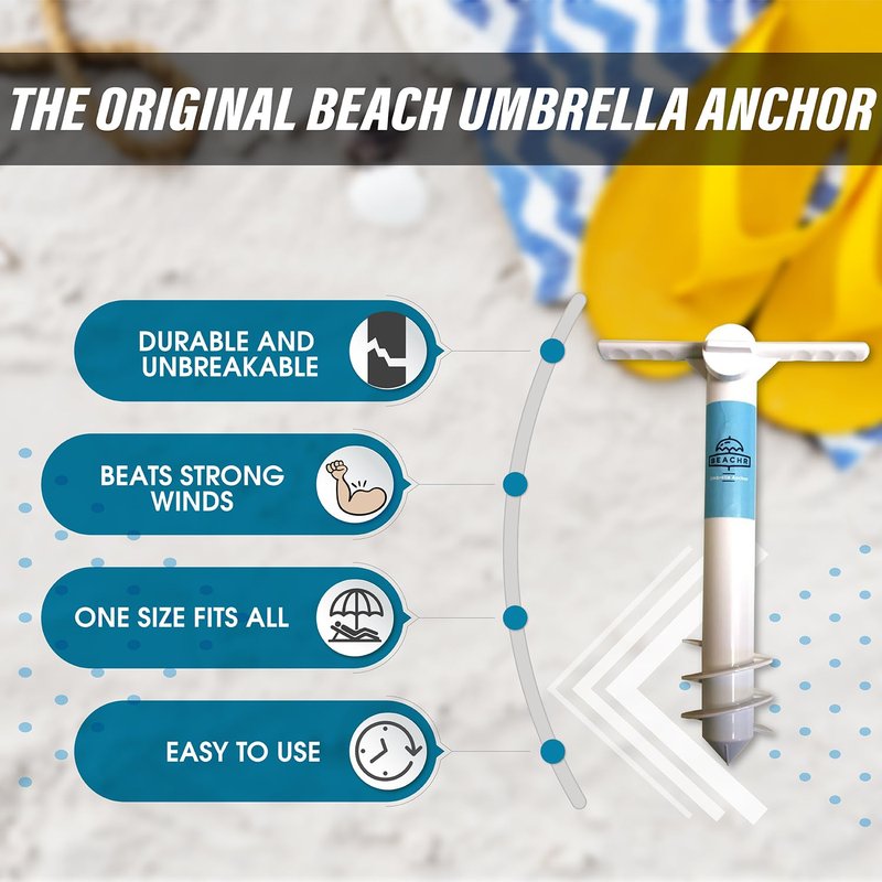 Beachr Beach Umbrella Sand Anchor - Heavy Duty Base with Spiral Screw for Strong Wind Resistance - Rust-Resistant and Fits Poles Under 1.5" Diameter - Universal Stand Holder - 9.5"x15"×3.5", White