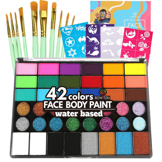 Bowitzki Face Paint Kit,42 Water Based Non Toxic Face Paint with face paint Colors,16 Glitters, 32 Stencils & 10pcs Brushes, Professional Body Face Paint Makeup For Party,Halloween,Carnival,Festival