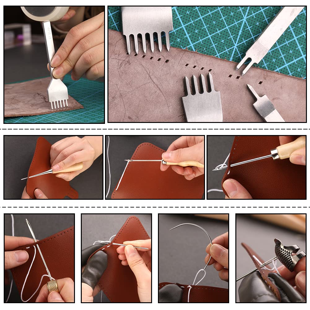 TLKKUE Leather Working Tools Leather Craft Tools for Carving Stamping Sewing Punching Cutting with Custom Custom Storage Bag Professional Tooling Kit for Crafting, Repair & DIY Projects