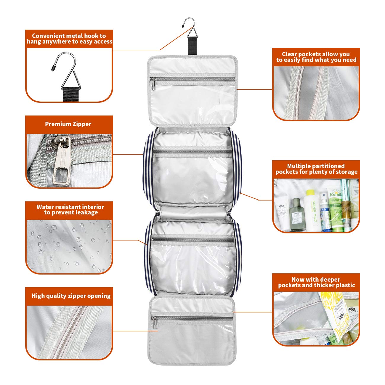 Hanging Travel Toiletry Bag, Large Capacity Wash Bag Waterproof Cosmetic Bag Makeup Organizer with 4 Compartments & 1 Sturdy Hook for Women/Men
