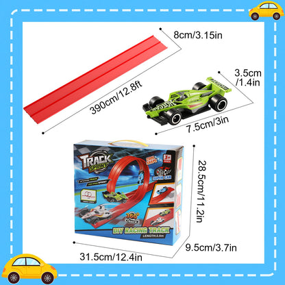 XIAPIA Car Track 4m, Flexible Toy Car Race Track Fits Hot Wheels, Diecast Cars, Flexible for Loops, Jumps, Ramps, Classic Long Roll Up Race Track with 4 Cars and 12 Suckers, Gifts for Kids Toddlers