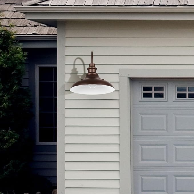 Outdoor Barn Light Fixtures, 16 Inch Large Dome Farmhouse Exterior Wall Mount Lights, Rustic Gooseneck Wall Sconces Indoor Wall Lighting, Industrial Bronze White Lanterns for Porch, 2 Pack