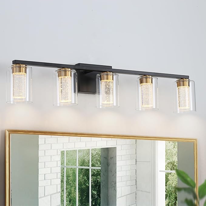 5-Light Black Bathroom Light Fixture, Dimmable 5CCT Black and Gold Bathroom Vanity Lights, 2700K-6500K Modern Crystal Bubble LED Wall Sconce Over Mirror with Clear Glass