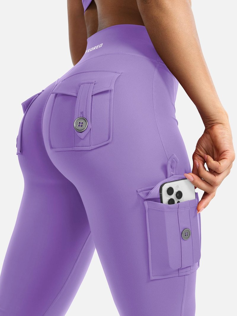 YEOREO CoreFlex Women Workout Flare Leggings with Pockets Hidden Scrunch High Waisted Cargo Gym Yoga No Front Seam Leggings Purple S