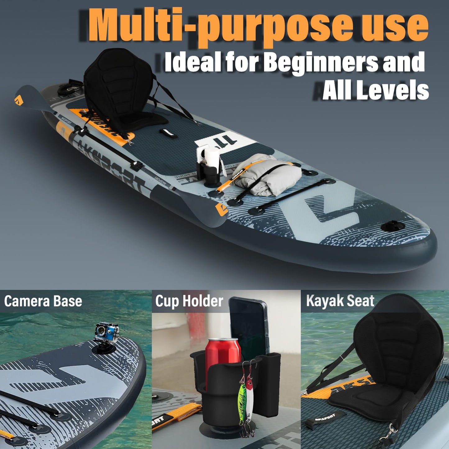 AKSPORT 11' x 34'' x 6'' Inflatable Stand Up Paddle Board SUP with Full Accessories,Wide Stable Design, Non-Slip Deck- 2-in-1 Convertible SUP/Kayak for Paddling/Fishing