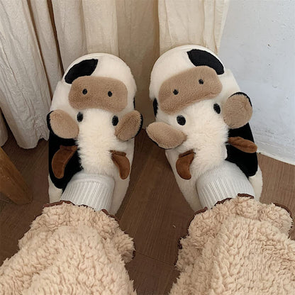 Jerzmy Fuzzy Cow Slippers for Women Men, Cute Cotton Animals House Slippers Fluffy Plush Shoes for Girls Indoor Living Room Bedroom Garden, Size 10-11