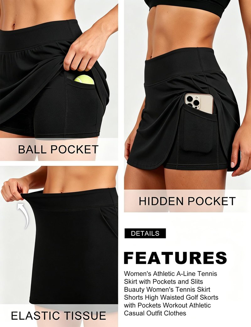 Buauty Women's Tennis Skirt Shorts High Waisted Golf Skorts with Zipper Pockets Workout Athletic Casual Outfit Clothes Black