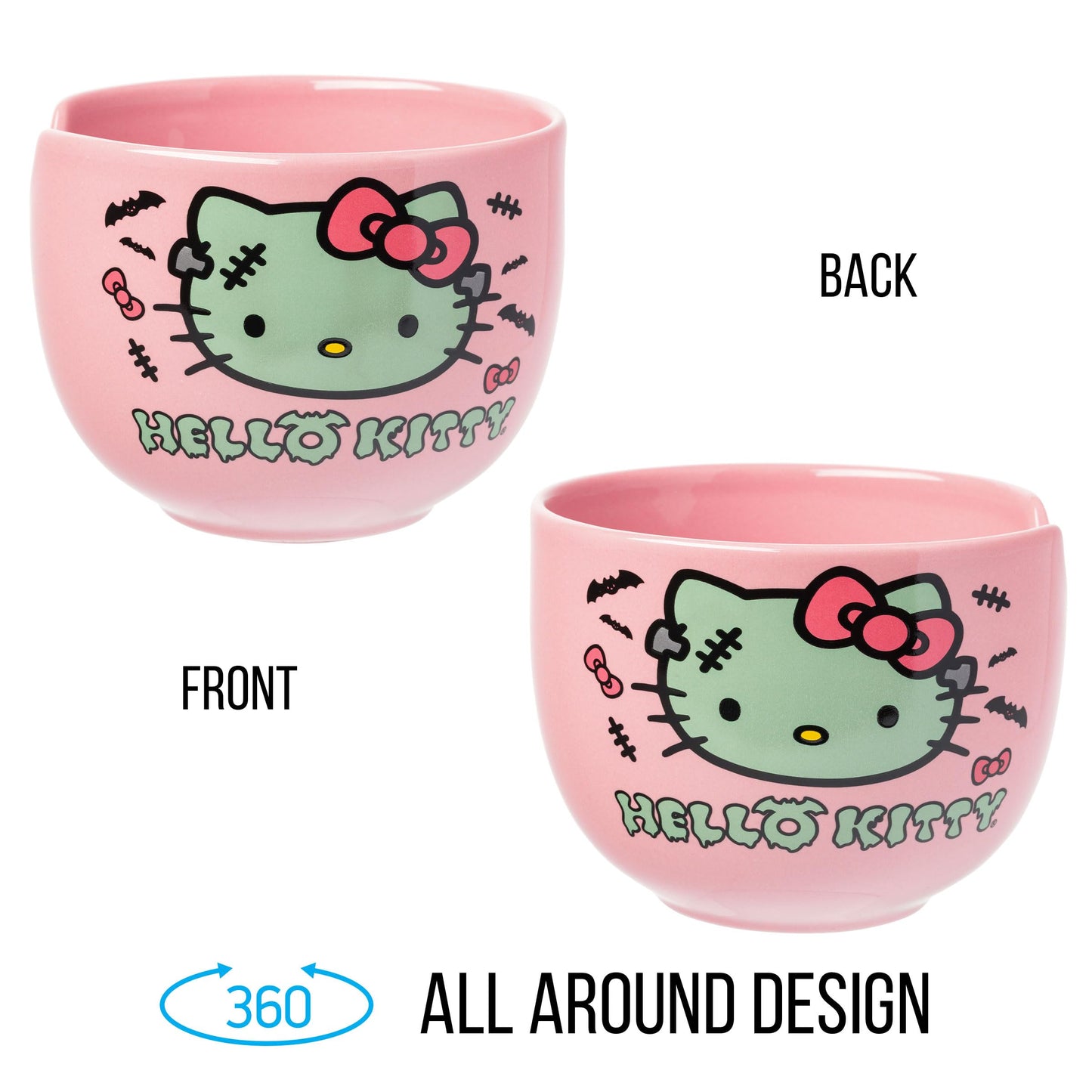 Silver Buffalo Sanrio Hello Kitty Halloween Spooky Frankenstein Ceramic Ramen Bowl with Chopsticks, Microwave Safe, 20 Ounces