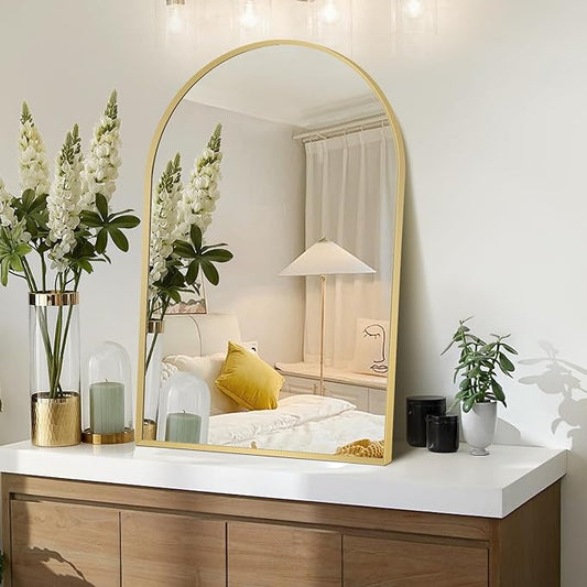 28" x 36" Gold Arched mirror, Large Arch Bathroom Vanity Wall Mirror, Modern Aluminum Alloy Metal Frame Arch Mirror for Bathroom, Living Room, Bedroom, Entryway, Tempered Glass, Shatter Proof