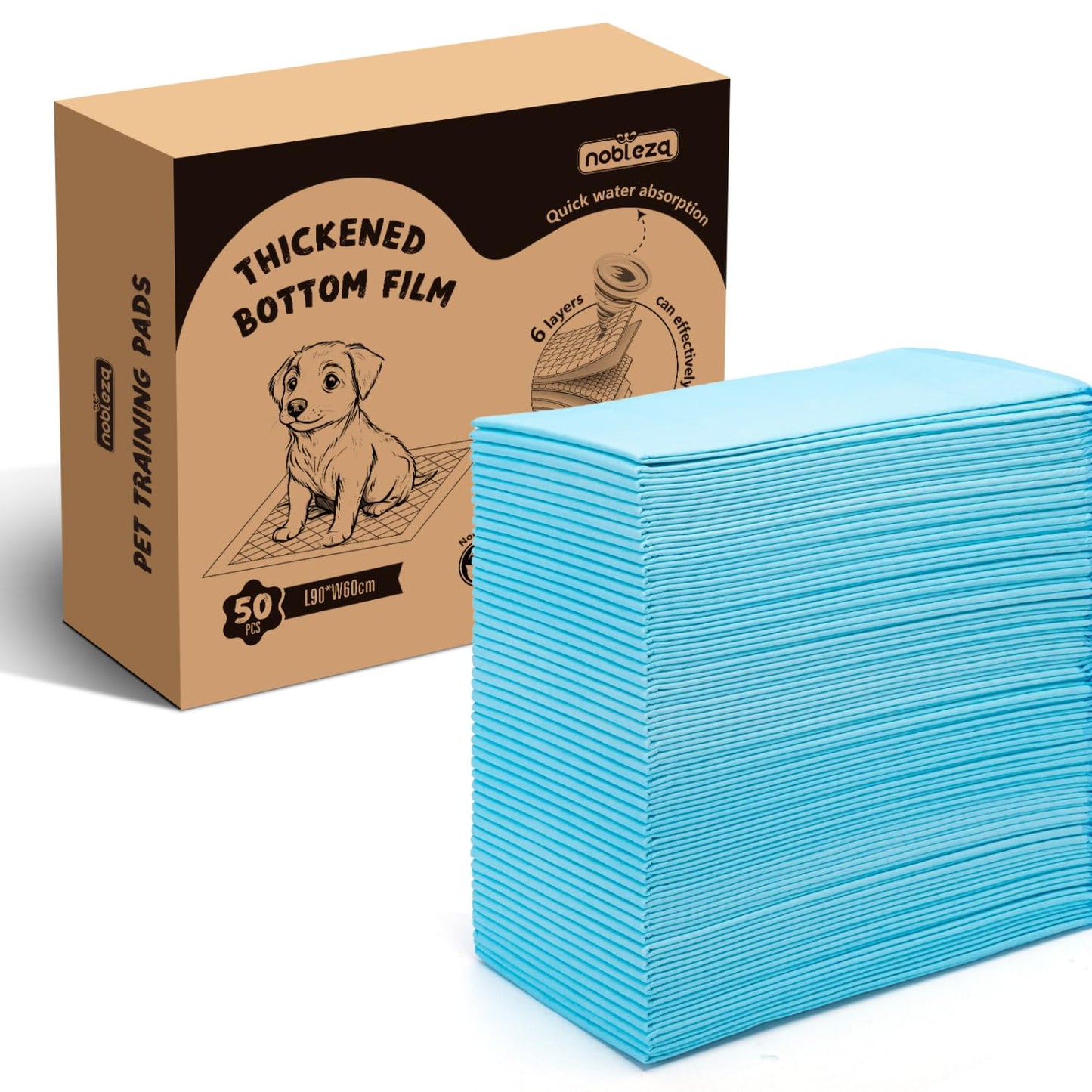 Nobleza Puppy Pads 50 Pack 90x60cm, Super Absorbent Pet Dog Puppy Training Pads Large, Leak-Proof 5 Layers Pet Pee Pad Mats, Dog Toilet Wee Pad, Disposable Incontinence Dogs Potty Training Mats