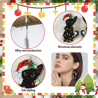 Funny Christmas Black Cat Earrings for Women - Xmas Charms Lightweight Acrylic Dangle Earrings Christmas Outfit Accessories
