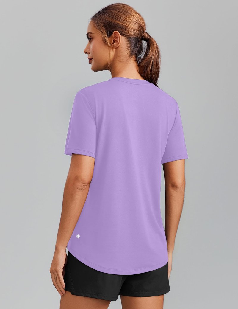 PINSPARK Hiking Shirts for Women UPF 50 Sun Protection Short Sleeve V Neck Moisture Wicking Quick Dry Outdoor Athletic Tops,Lavender X-Large