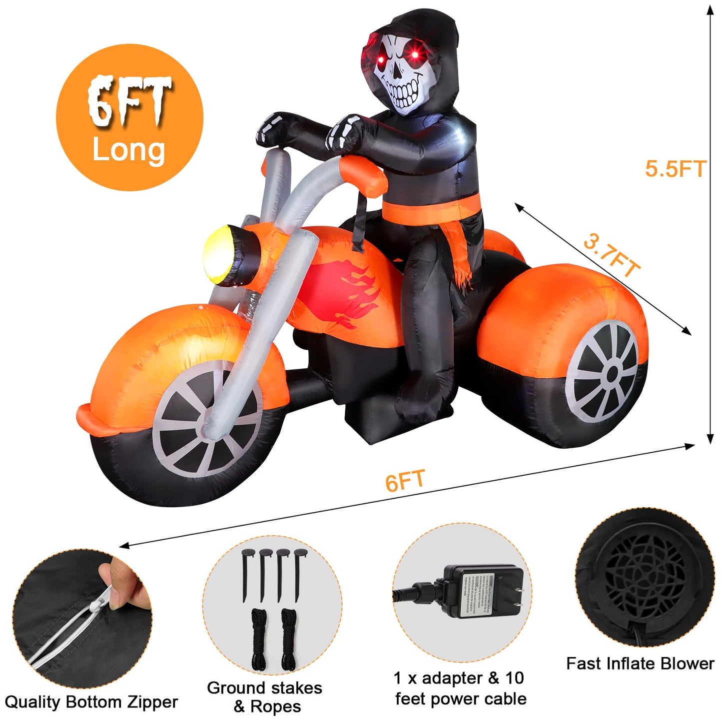 6 FT Halloween Inflatable Skeleton Ghost Riding on Motorcycle Bike, Blow Up Outdoor Decoration Clearance with Built-in LED Lights for Yard Garden Lawn Home Party Decorations