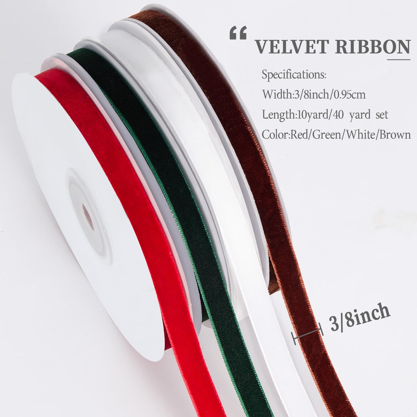YANGTE 4 Colors Velvet Ribbon Set, 3/8" x 40Yard Premium Christmas Velvet Ribbon for Gift Wrapping, Christmas Tree Ornaments Handmade Crafts Bow Making（Red,Green,White,Brown）