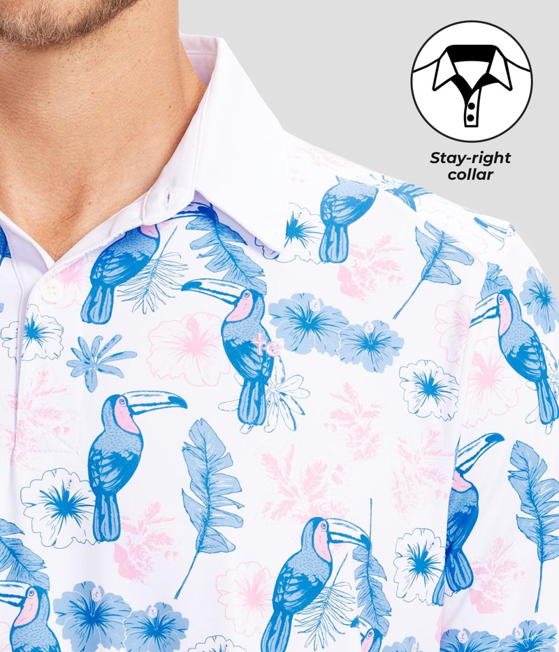 Tipsy Elves Men's Golf Polo Shirt - Moisture Wicking, Stretch Fabric, Athletic Fit - White Toucan Tango Performance Polo - X-Large