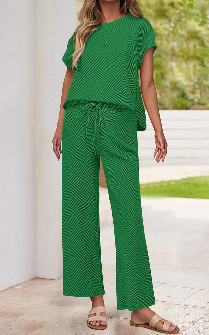 PRETTYGARDEN Women Two Piece Lounge Set 2026 Short Sleeve Tops And Drawstring Long Pants Tracksuits Casual Outfits (Green, X-Large)