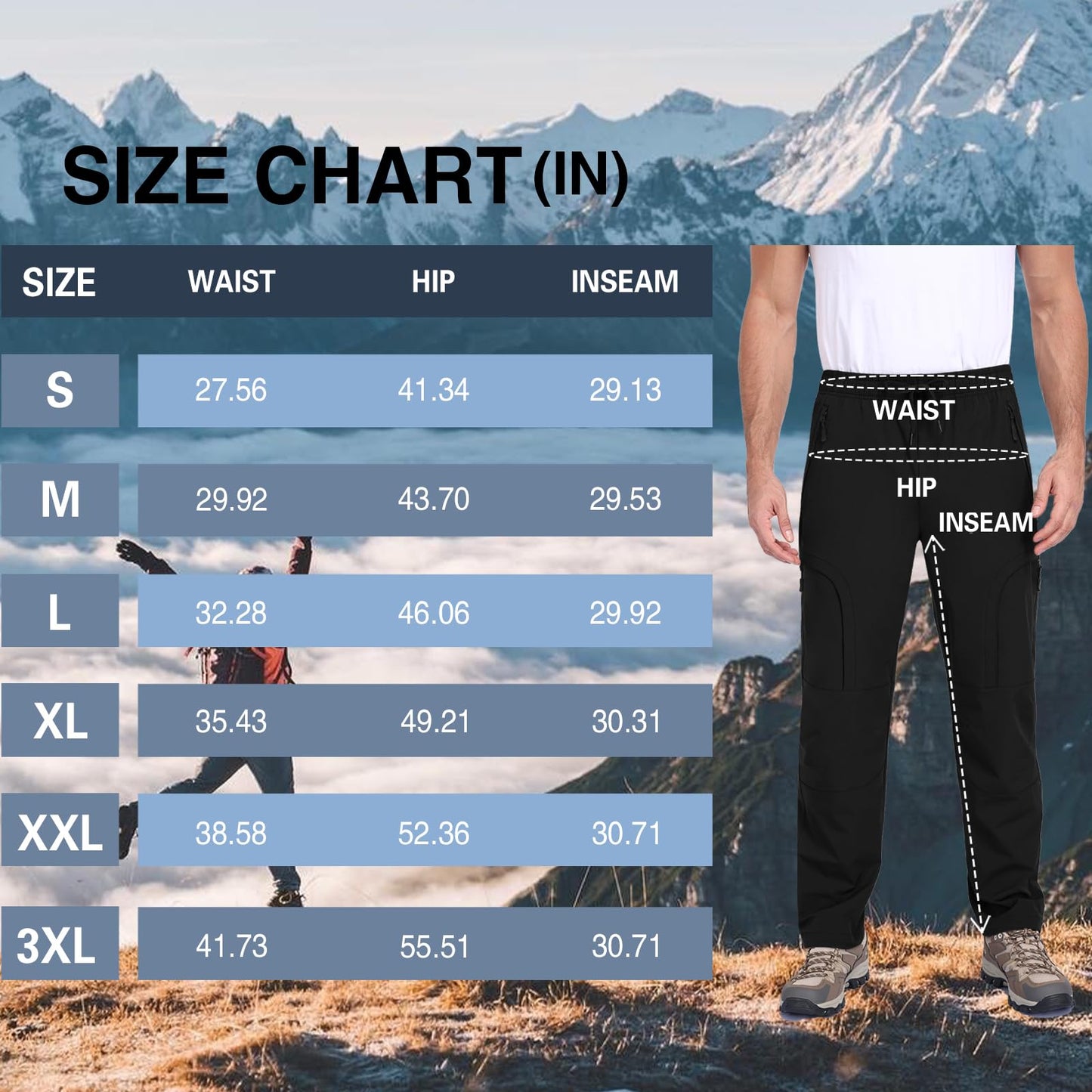Qngwrtk Men's Lightweight Hiking Pants 5-Pocket Elastic Waist Breathable Water-Resistant Quick Dry Outdoor Pants for Running Travel Camping Black