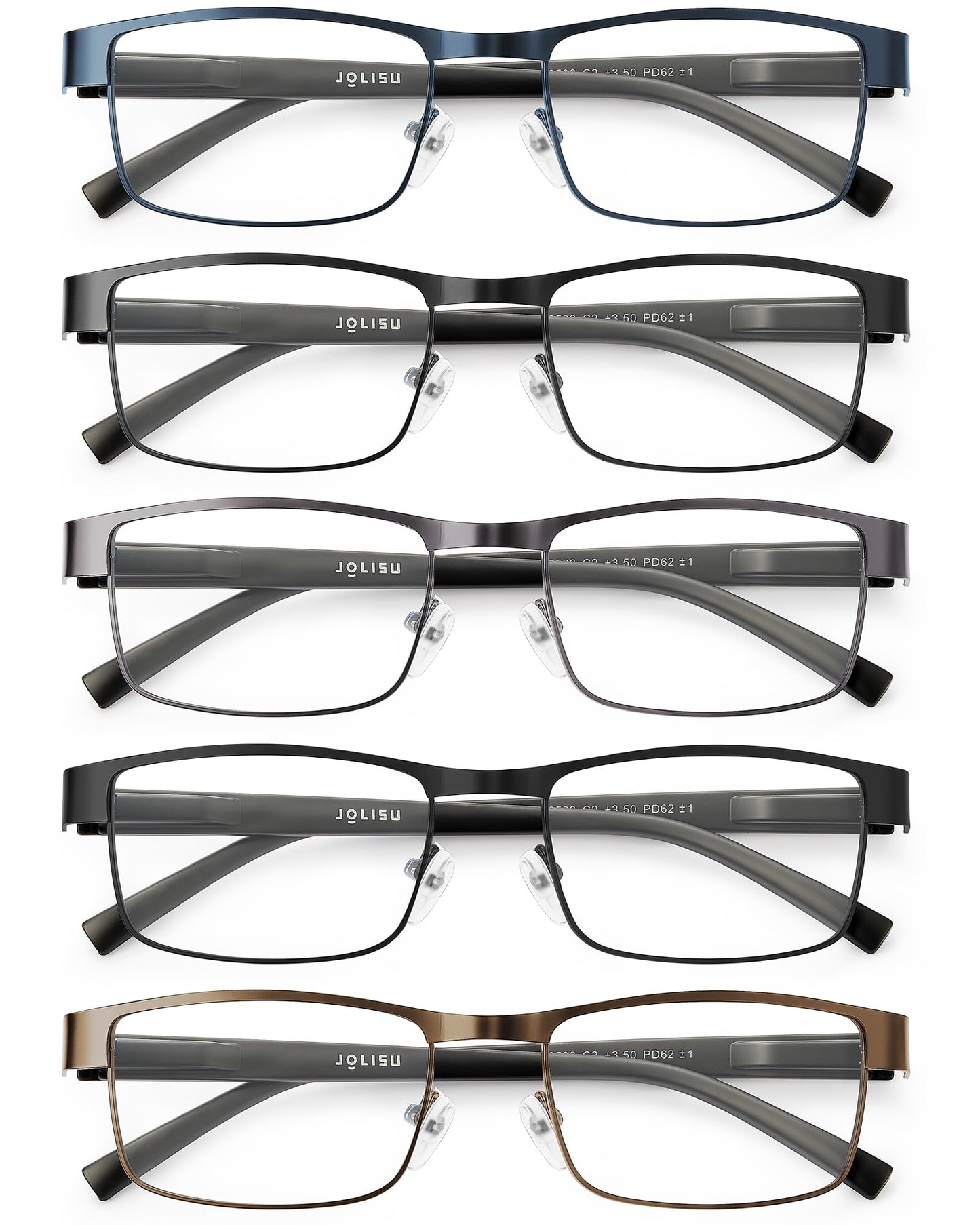 JOLISU 5PCS Reading Glasses Men - Blue Light Blocking Computer Metal Thin Frame Readers For Mens/Women（3.00）
