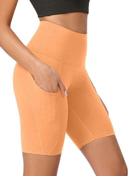 ODODOS 8" Tummy Control Biker Shorts for Women with Pockets High Waist Running Workout Athletic Yoga Shorts, Neon Orange, Large