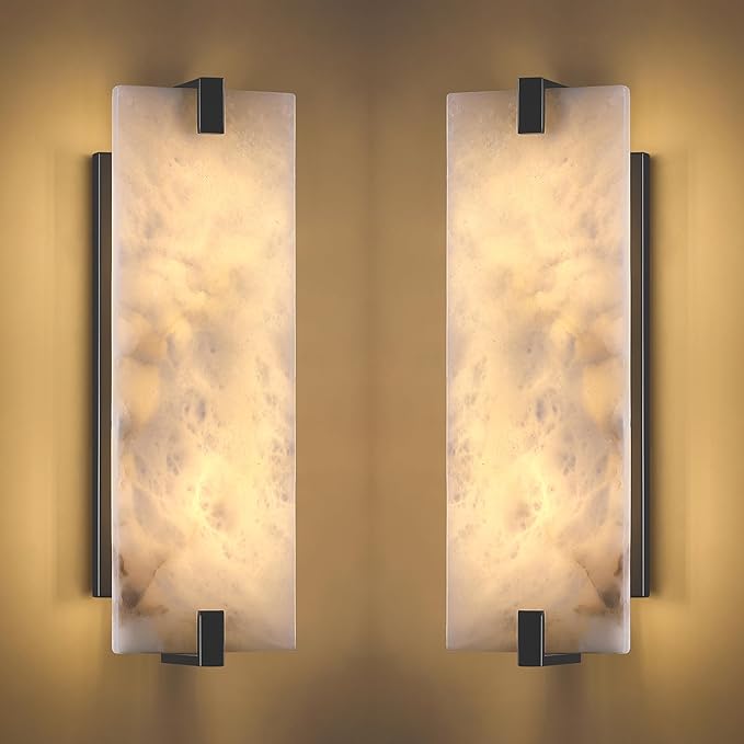 2 Pack 2 Light Square 16.7" Alabaster Marble Bathroom Wall Sconce Modern Concise Style Wall Light Fixture,Dark Gray Finish for Bedroom Hallway Bedside