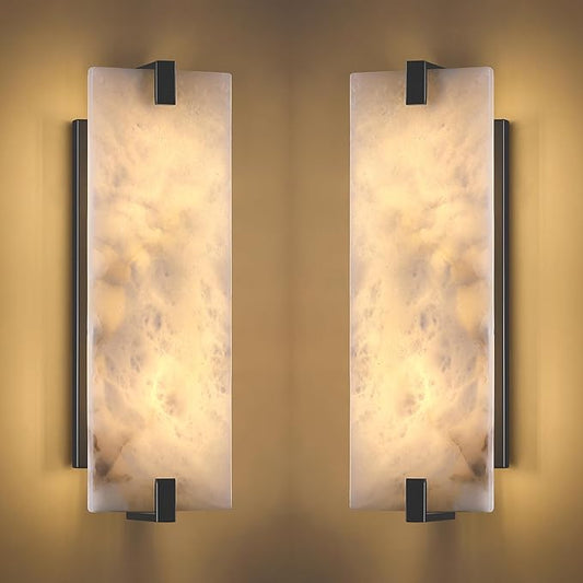 2 Pack 2 Light Square 16.7" Alabaster Marble Bathroom Wall Sconce Modern Concise Style Wall Light Fixture,Dark Gray Finish for Bedroom Hallway Bedside