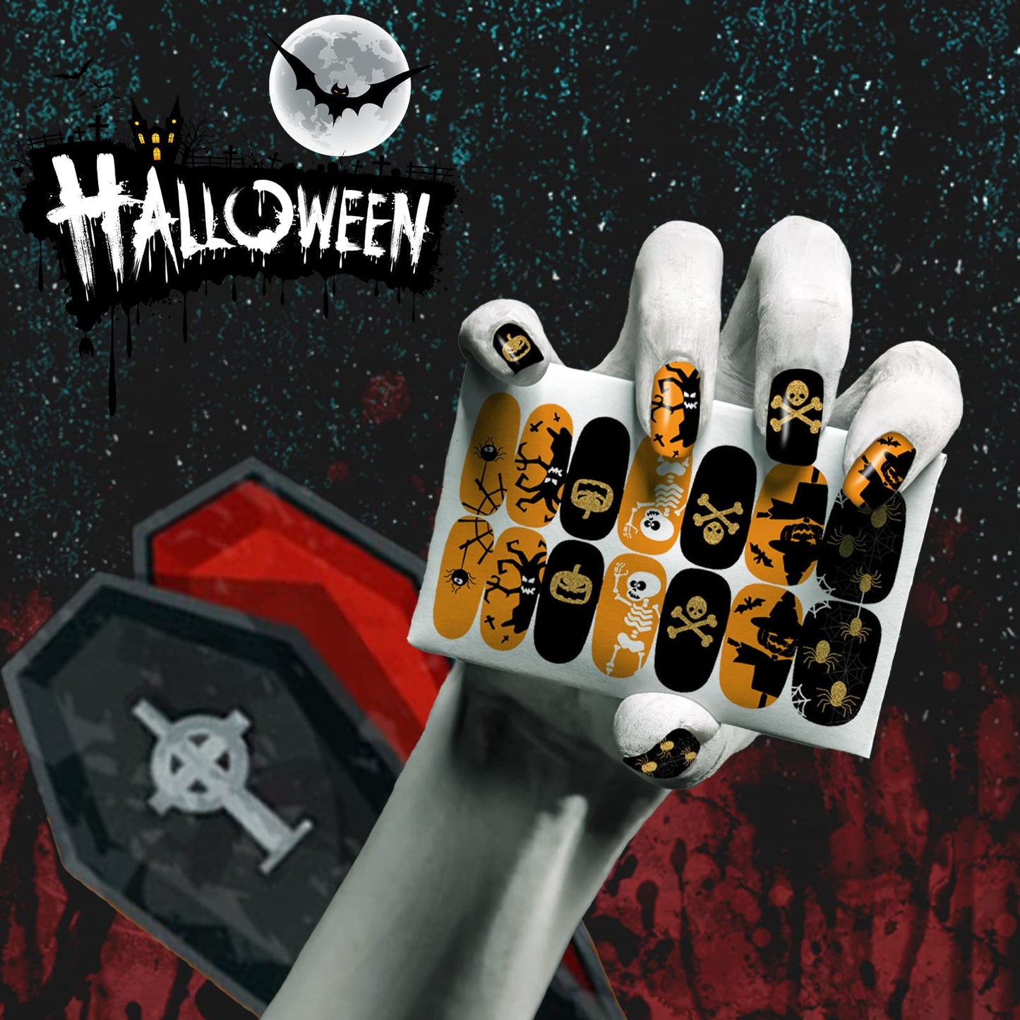 12 Sheets Halloween Full Nail Wraps Stickers, Nail Polish Strips DIY Self-Adhesive Nail Art Decals Pumpkin Bat Ghost Spider Skull Pattern with 2 Piece Nail Files for Party Decor (168 Pieces)